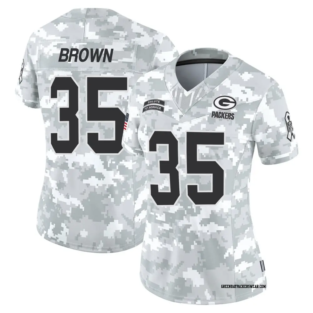 Limited Arctic Camo Women's Kahzir Brown Green Bay Packers 2024 Salute to Service Jersey