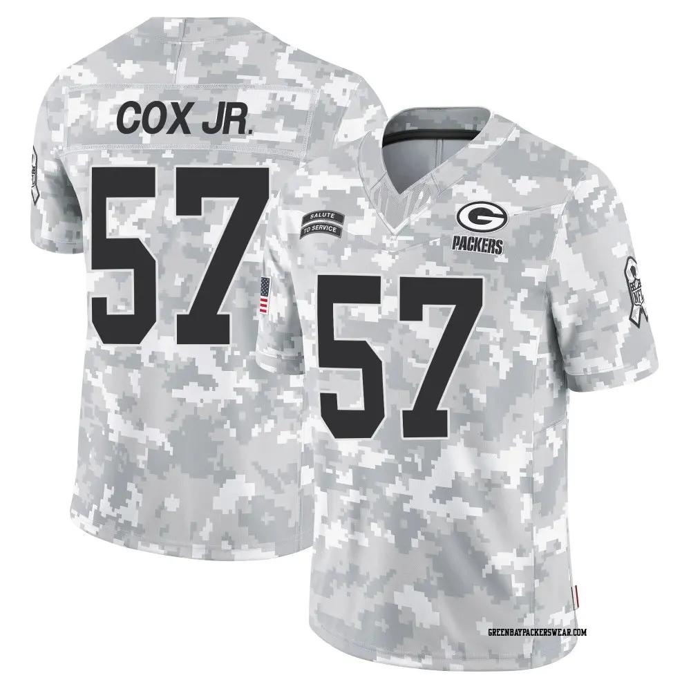 Limited Arctic Camo Youth Brenton Cox Jr. Green Bay Packers 2024 Salute to Service Jersey